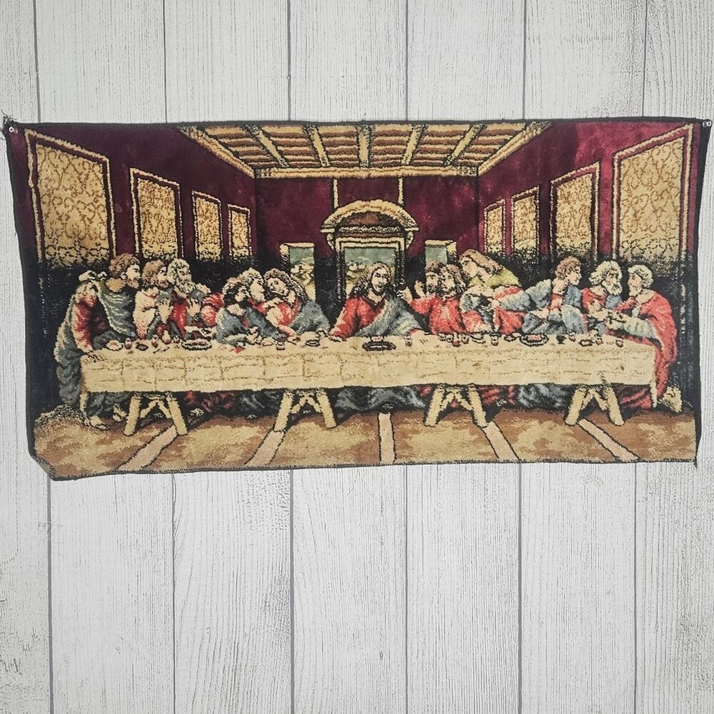 VTG Velvet Tapestry Leonardo DaVinci The Last Supper Wall Hanging, 37.5x19
